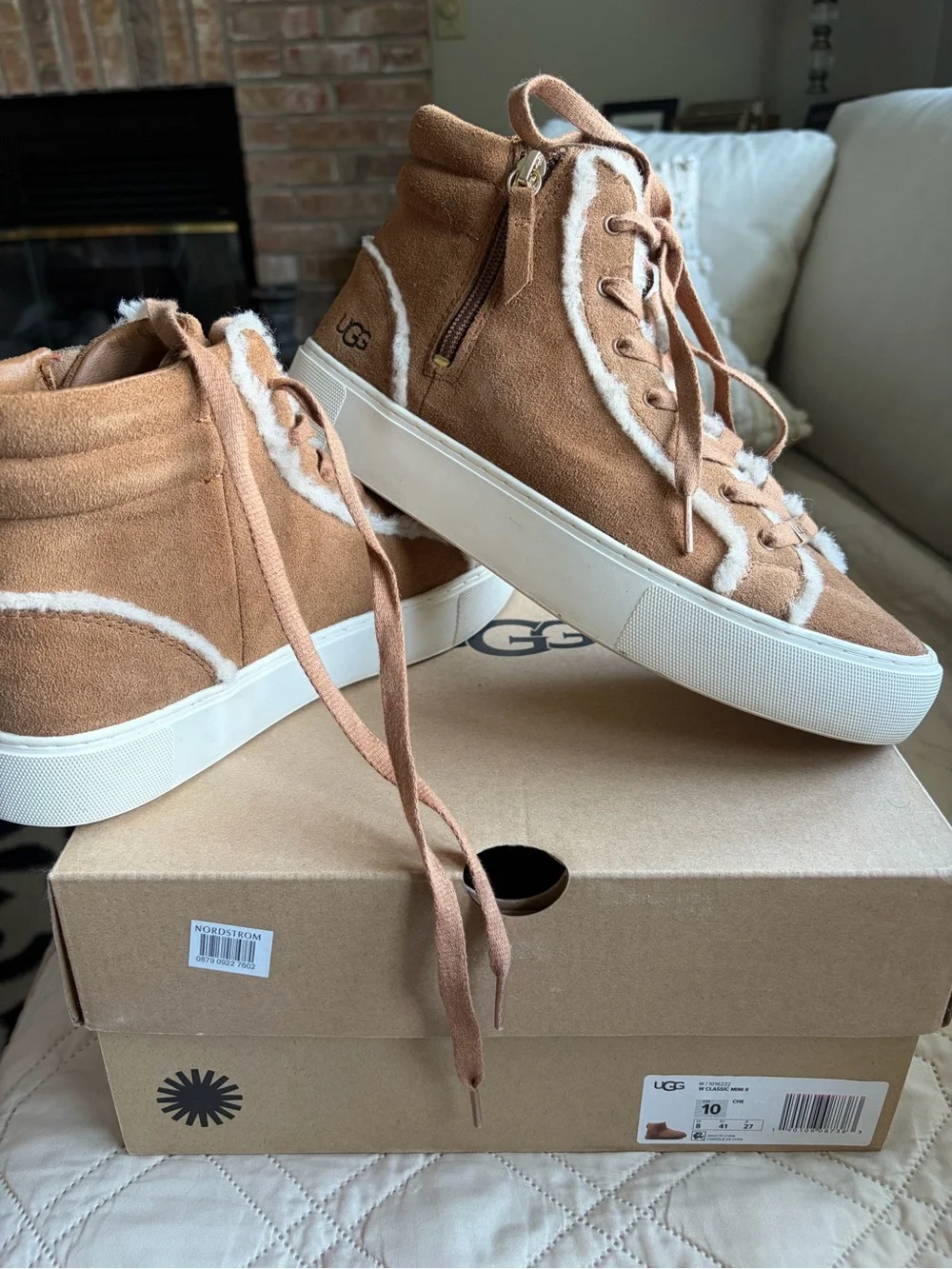UGG Chestnut Suede High-Top Sneakers with Shearling Trim